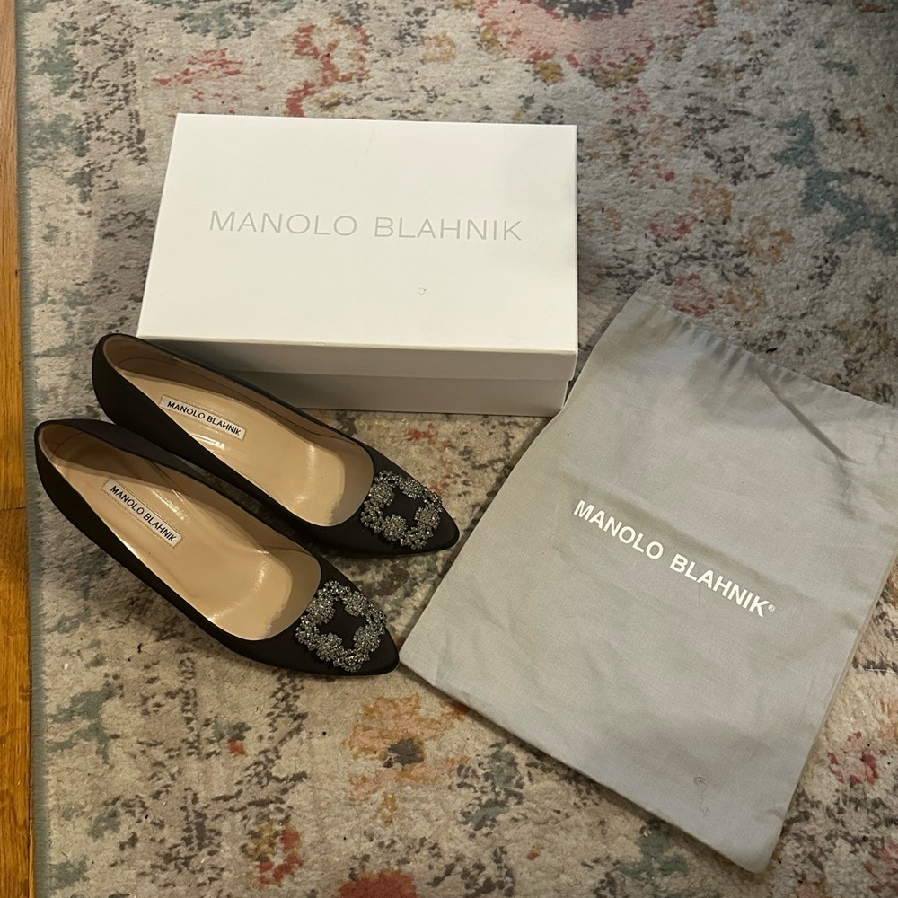 Manolo Blahnik Black Satin Pumps with Crystal Buckle - Picture 6 of 6